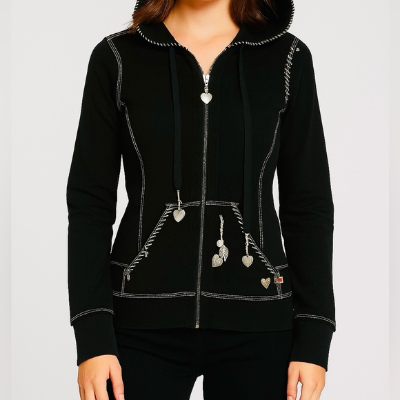 TWISTED HEART Tops - Twisted Heart Zip Up Hoodie Jacket Black Small Embellished Seashell Charms